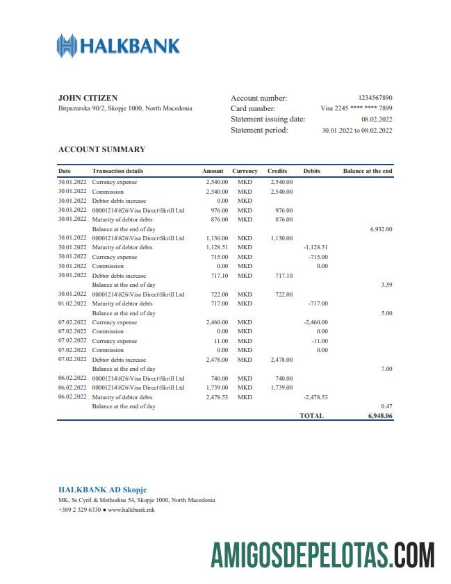 Exemplo de extrato bancário Halkbank da Macedônia Xls